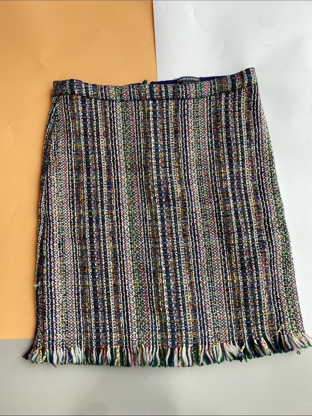 Chelsea & Theodore Navy Multicolor Tweed Fringe Mini Skirt